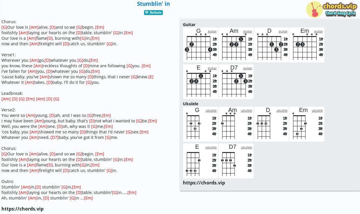 Chord: Stumblin' in - Nicky Chinn,Mike Chapman - tab, song lyric, sheet