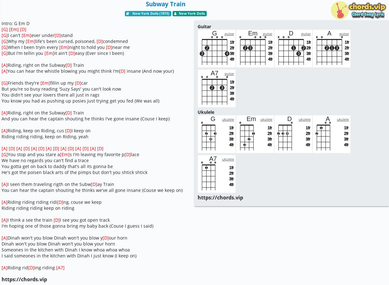 Chord Subway Train New York Dolls Tab Song Lyric Sheet Guitar Ukulele Chords Vip