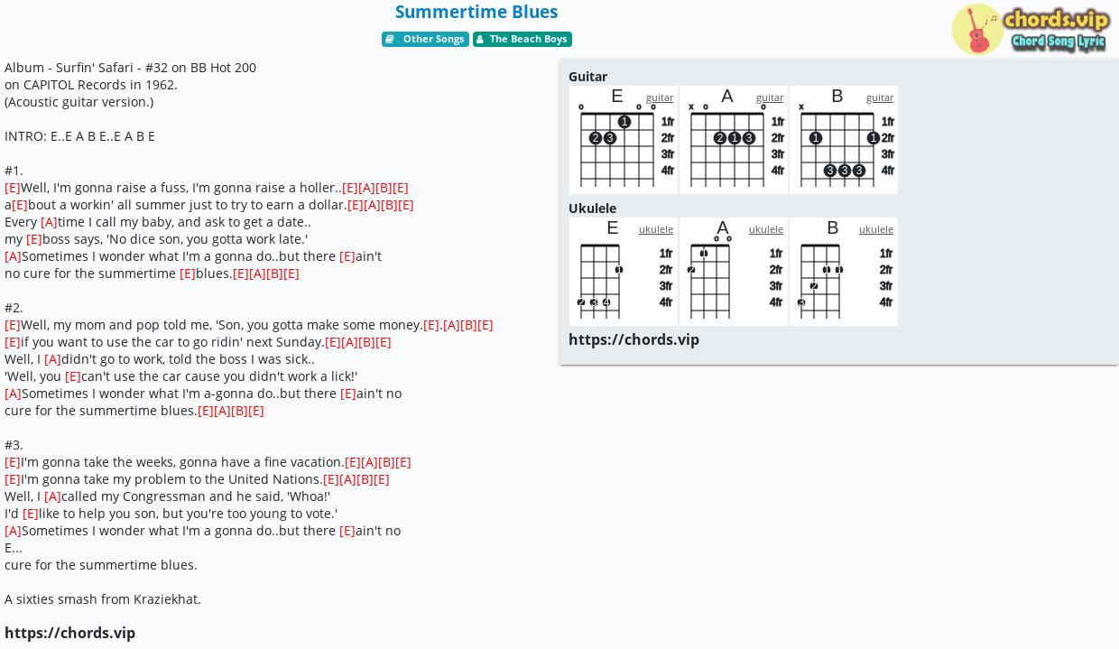 Chord Summertime Blues The Beach Boys Tab Song Lyric Sheet Guitar Ukulele Chords Vip Chord Summertime Blues The Beach Boys Tab Song Lyric Sheet Guitar Ukulele Chords Vip