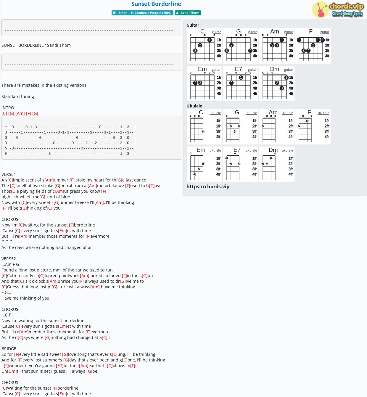 Chord Sunset Borderline Sandi Thom Tab Song Lyric Sheet Guitar Ukulele Chords Vip