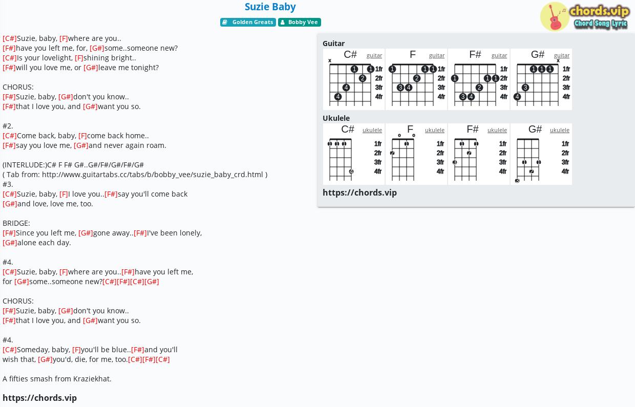 Chord Suzie Baby Bobby Vee Tab Song Lyric Sheet Guitar Ukulele Chords Vip