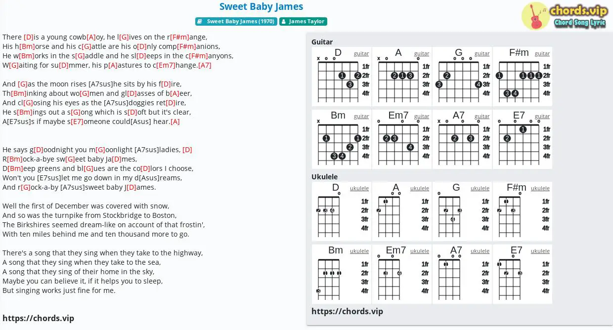 Chord Sweet Baby James James Taylor Tab Song Lyric Sheet Guitar Ukulele Cho...