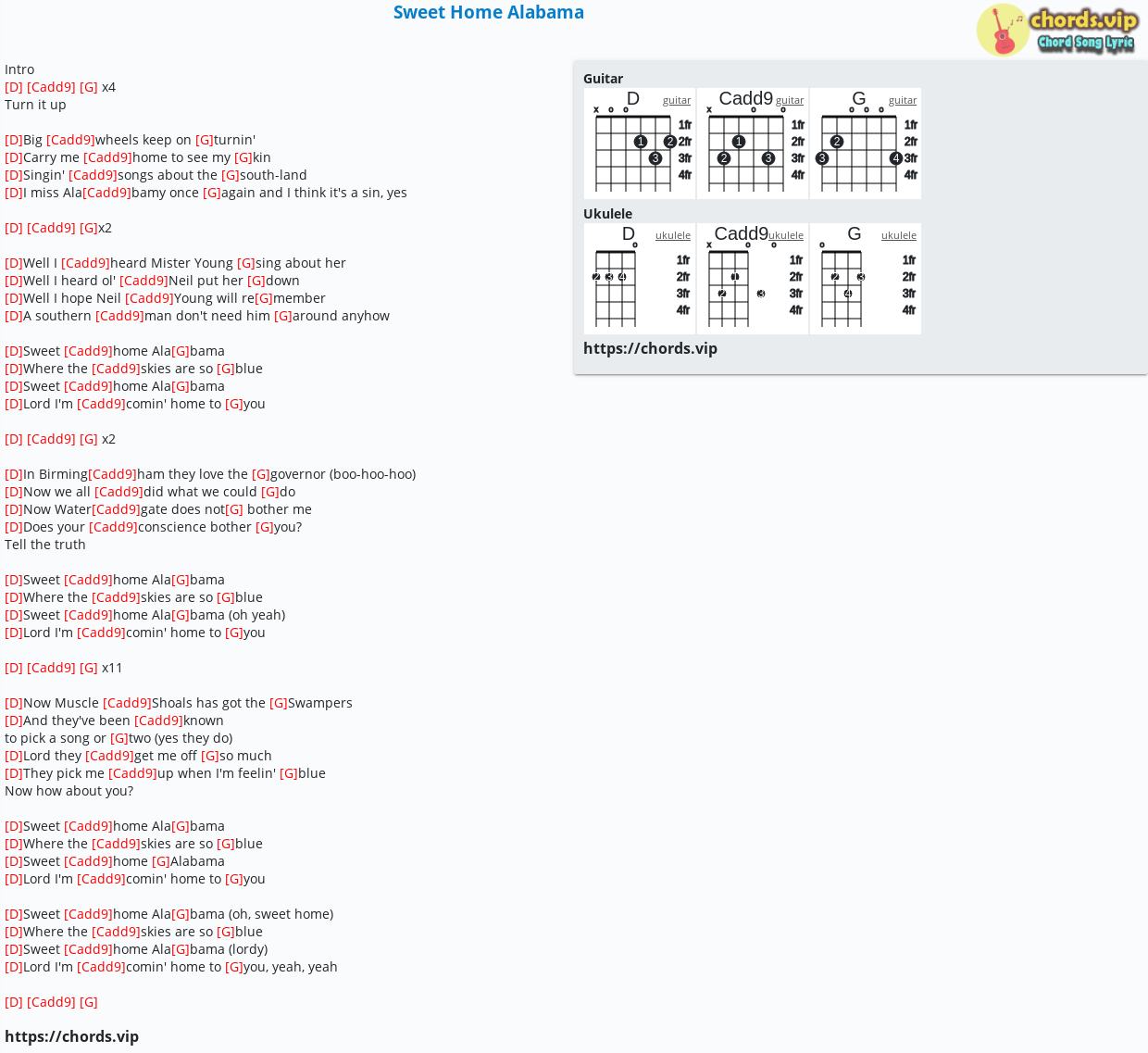 Chord: Sweet Home Alabama King,Gary Rossington,Ronnie Van Zant - tab, song lyric, sheet, ukulele | chords.vip