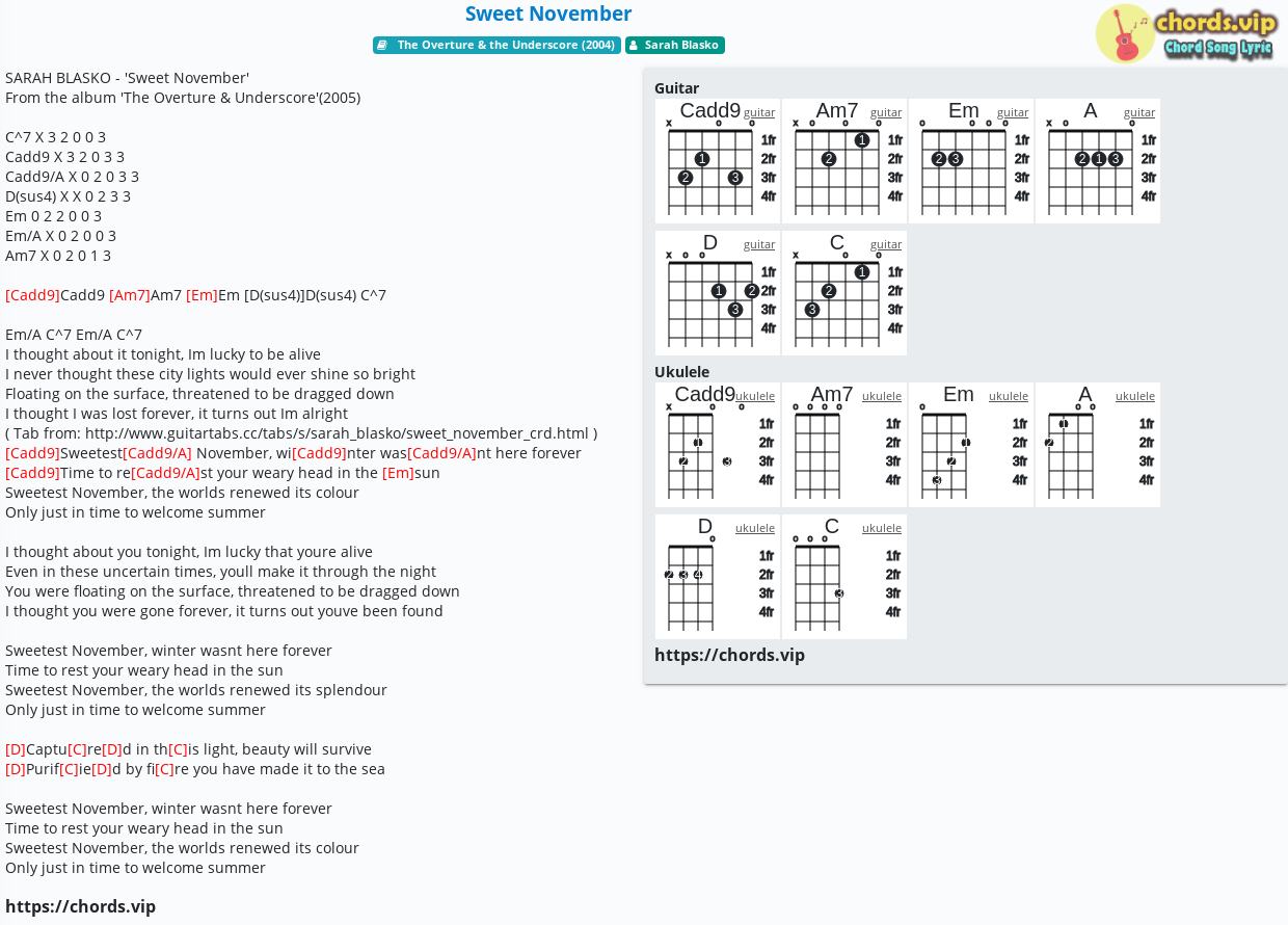 Chord Sweet November Sarah Blasko Tab Song Lyric Sheet Guitar Ukulele Chords Vip