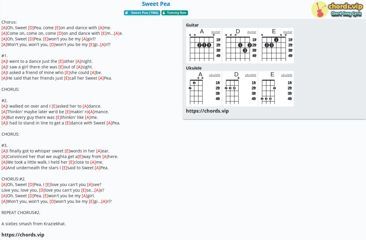 Chord: Sweet Pea - Tommy Roe - tab, song lyric, sheet, guitar, ukulele