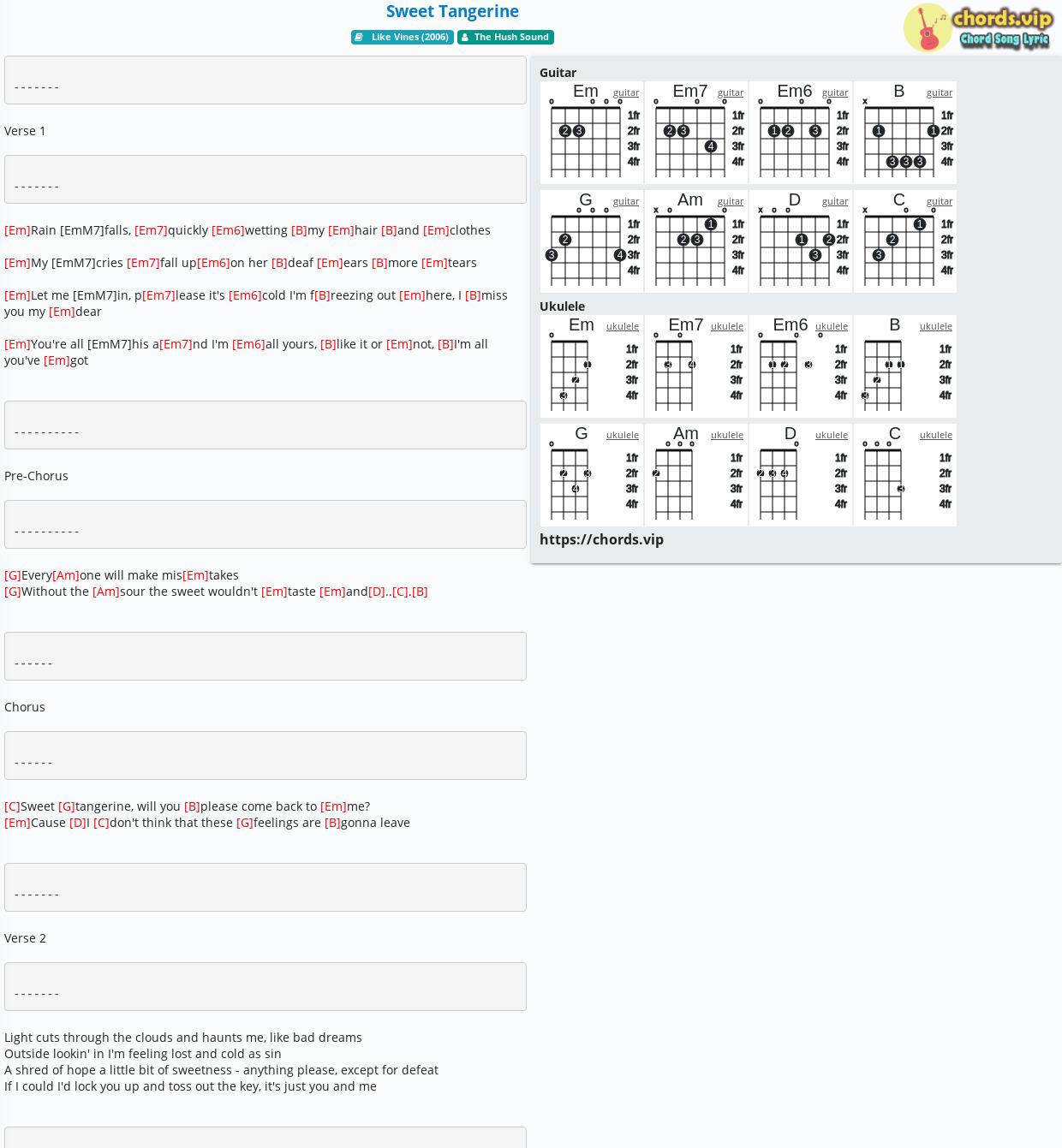 Chord: Sweet Tangerine - The Hush Sound - tab, song lyric, sheet