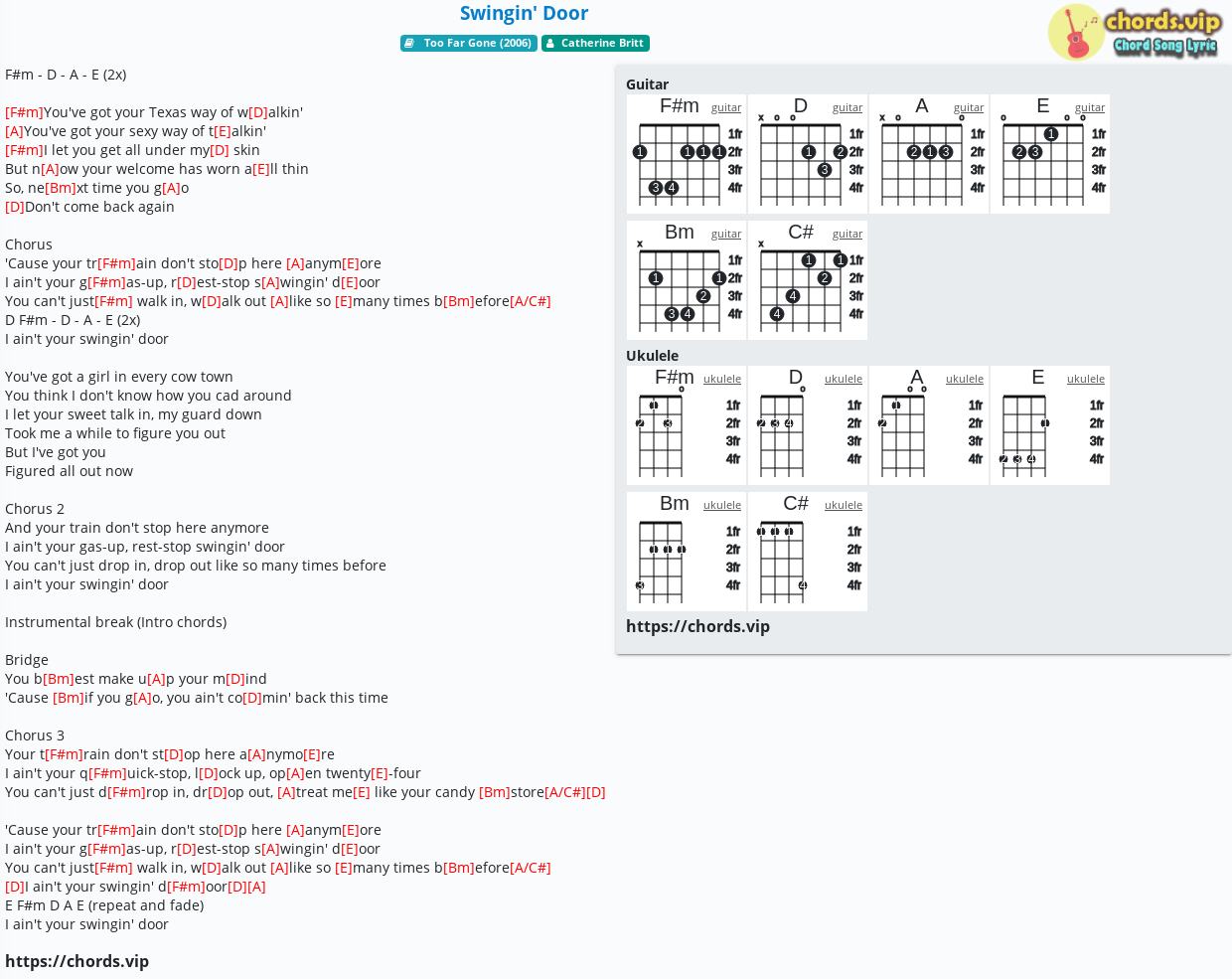 Chord Swingin Door Catherine Britt Tab Song Lyric Sheet Guitar Ukulele Chords Vip