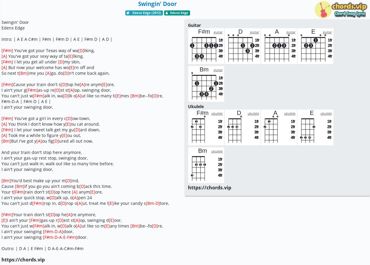 Chord Swingin Door Edens Edge Tab Song Lyric Sheet Guitar Ukulele Chords Vip