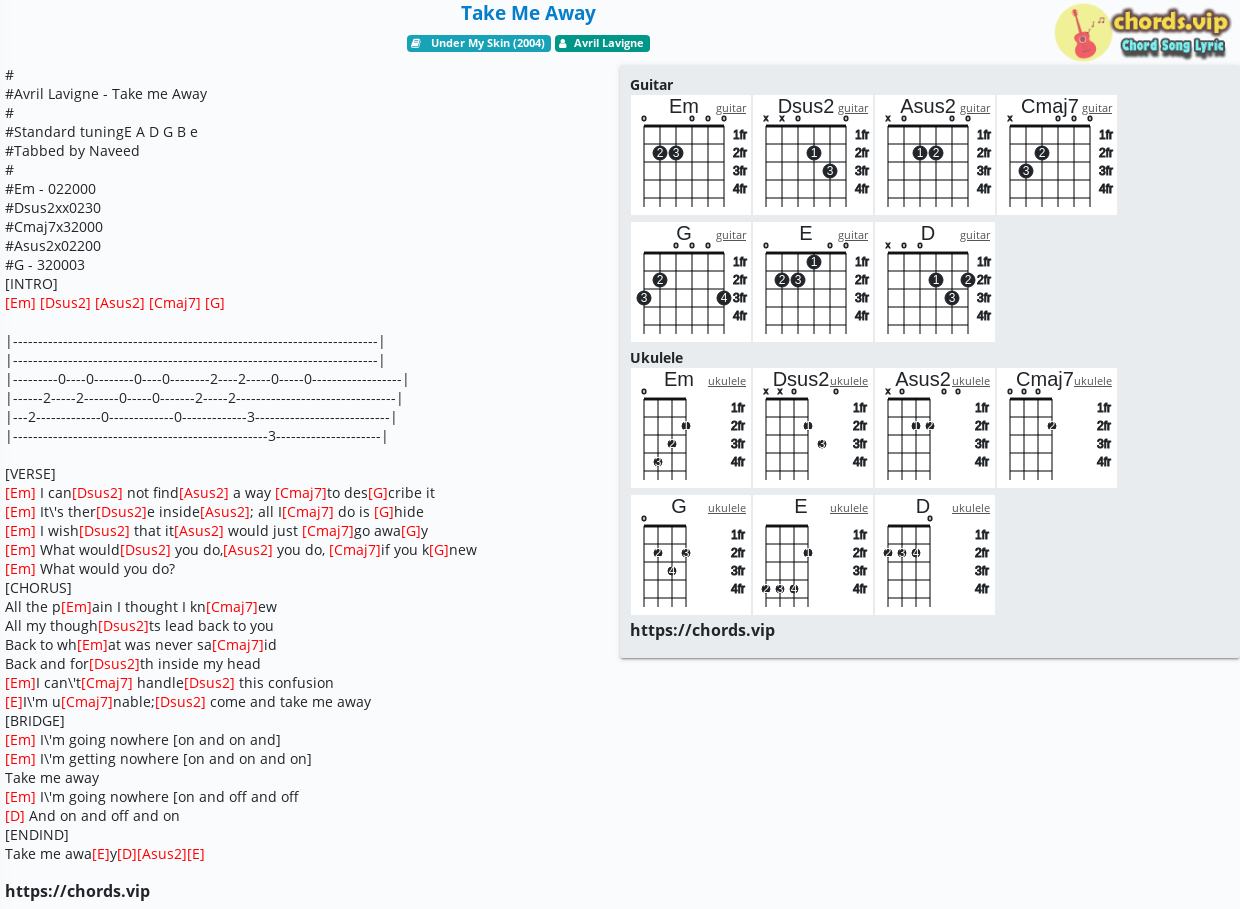 Chord Take Me Away Avril Lavigne Tab Song Lyric Sheet Guitar Ukulele Chords Vip