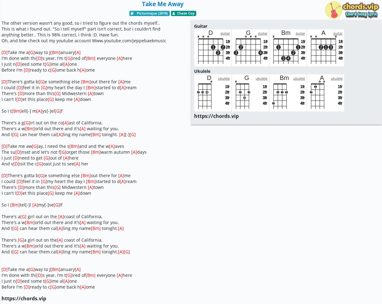 Chord Take Me Away Chase Coy Tab Song Lyric Sheet Guitar Ukulele Chords Vip