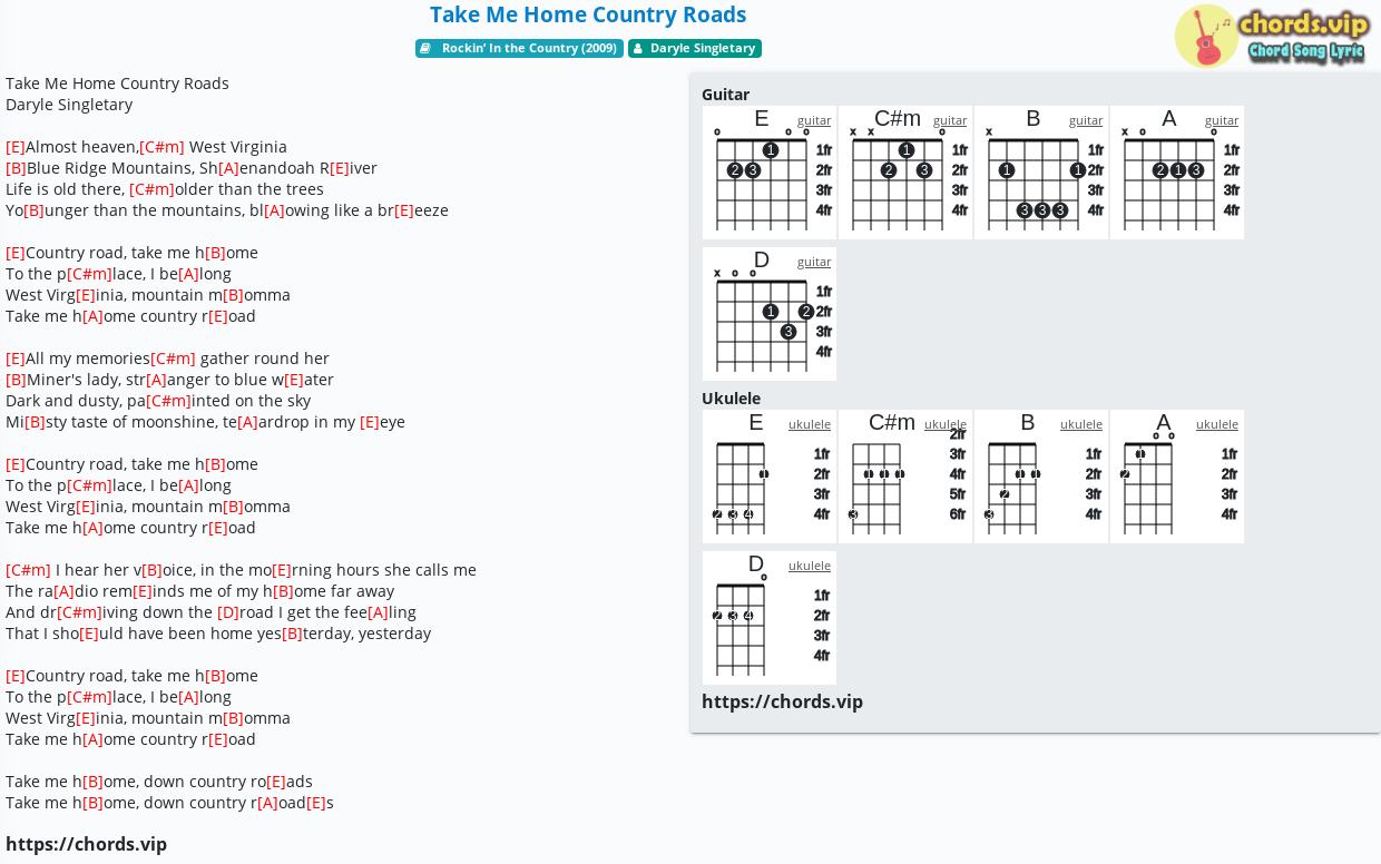 Chord Take Me Home Country Roads Daryle Singletary Tab Song Lyric Sheet Guitar Ukulele Chords Vip