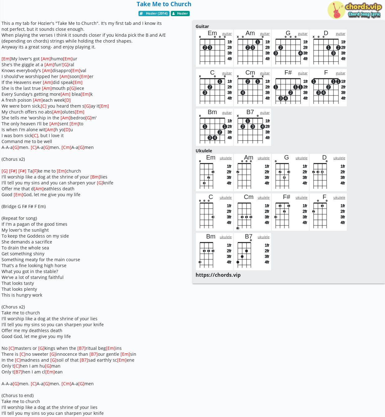 Chord Take Me To Church Hozier Tab Song Lyric Sheet Guitar Ukulele Chords Vip
