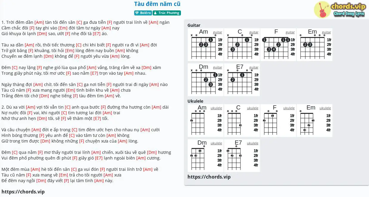 Hợp âm: Tàu đêm năm cũ - Trúc Phương - cảm âm, tab guitar, ukulele - lời bài hát | chords.vip