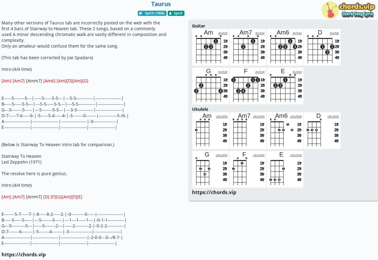 Chord Taurus Spirit Tab Song Lyric Sheet Guitar Ukulele Chords Vip