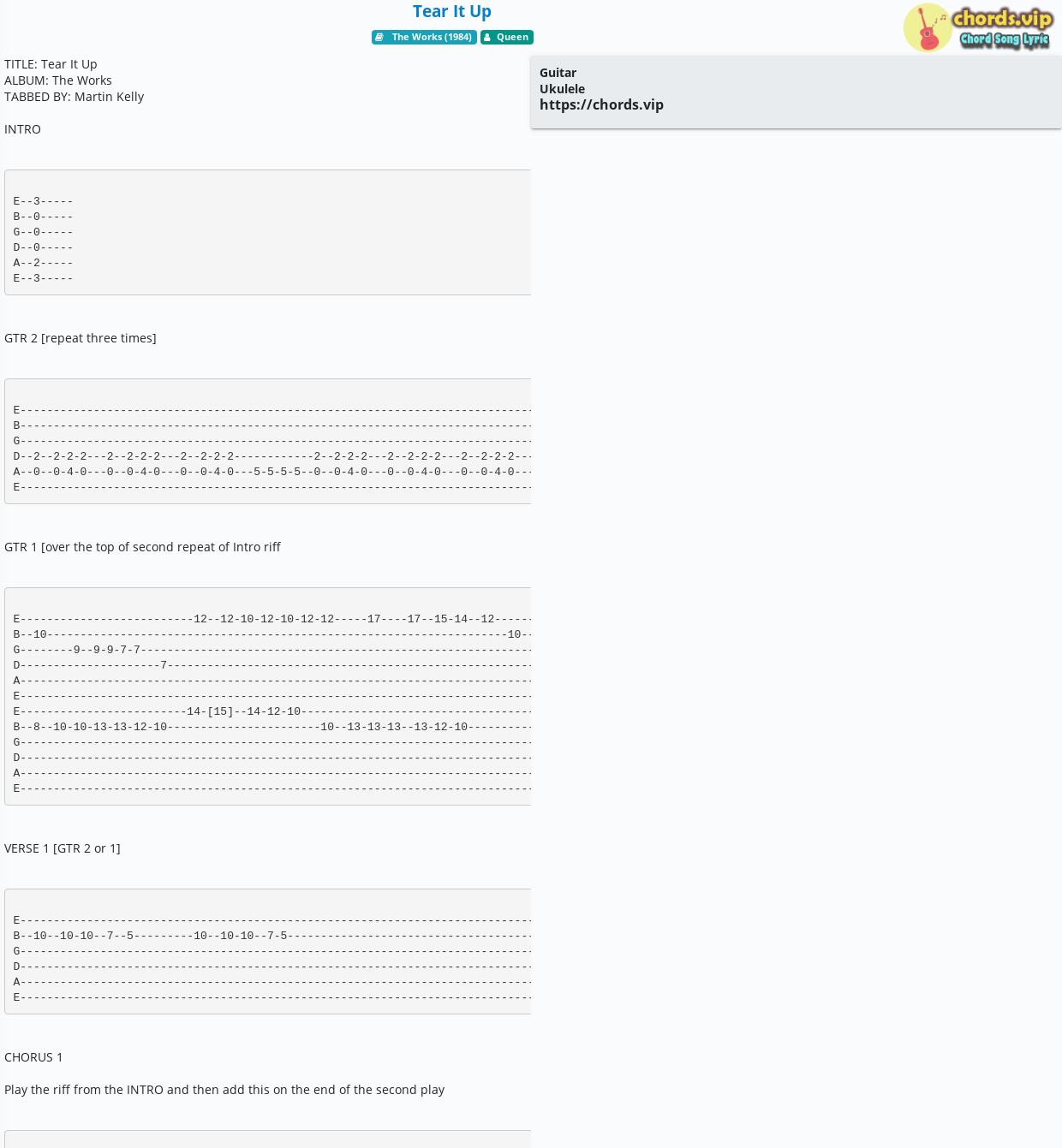 Chord: Tear It Up - tab, song lyric, sheet, guitar, ukulele | chords.vip