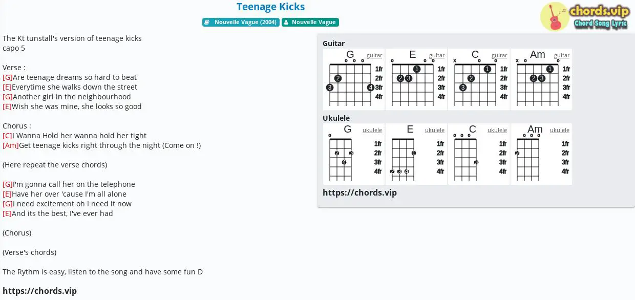 Hợp âm: Teenage Kicks - Nouvelle Vague - cảm âm, tab guitar, ukulele ...
