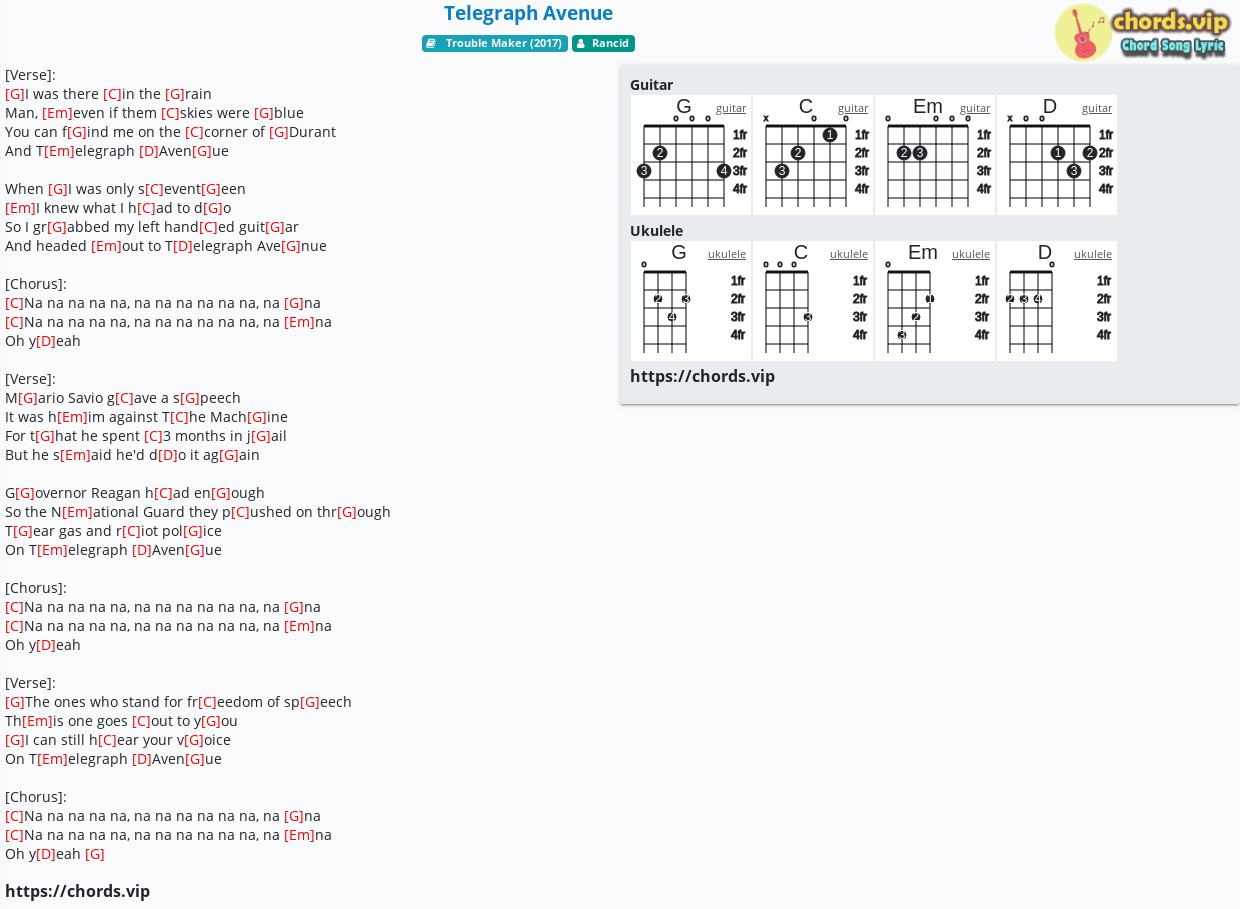 Chord Telegraph Avenue Rancid Tab Song Lyric Sheet Guitar Ukulele Chords Vip