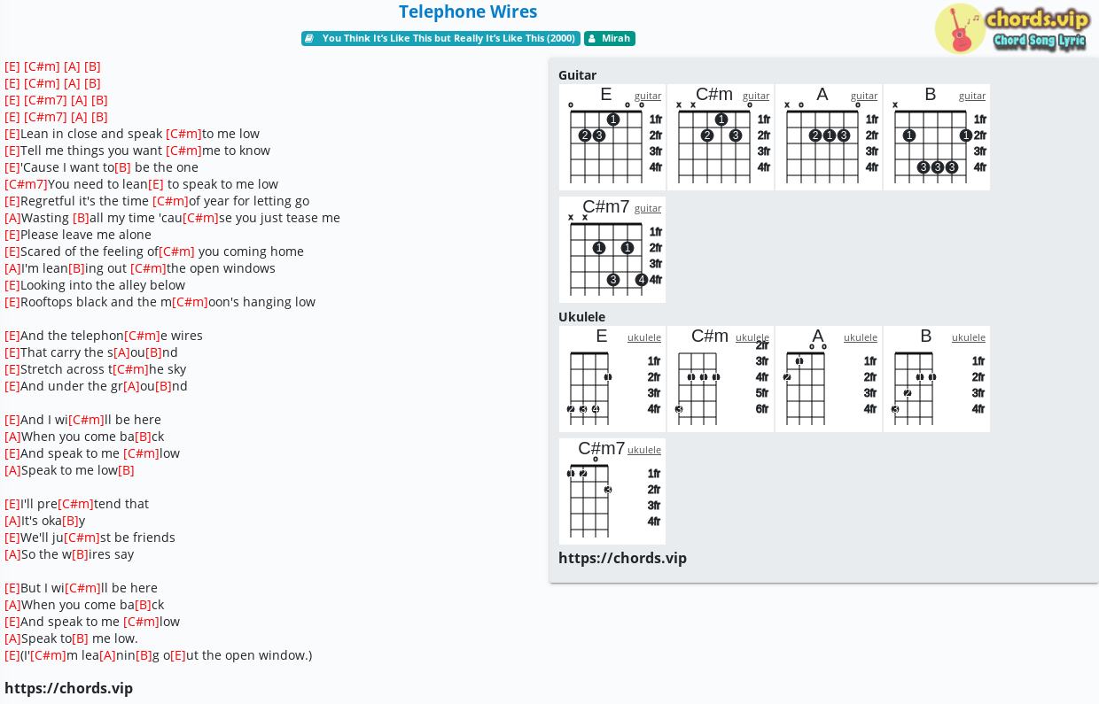 Chord Telephone Wires Mirah Tab Song Lyric Sheet Guitar Ukulele Chords Vip