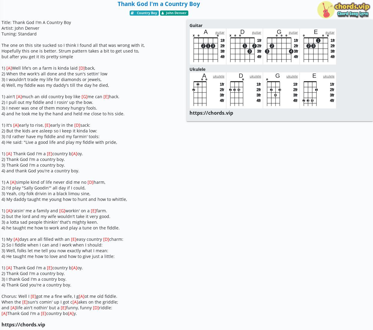 Thank God I'm A Country Boy sheet music for guitar (tablature, play-along)