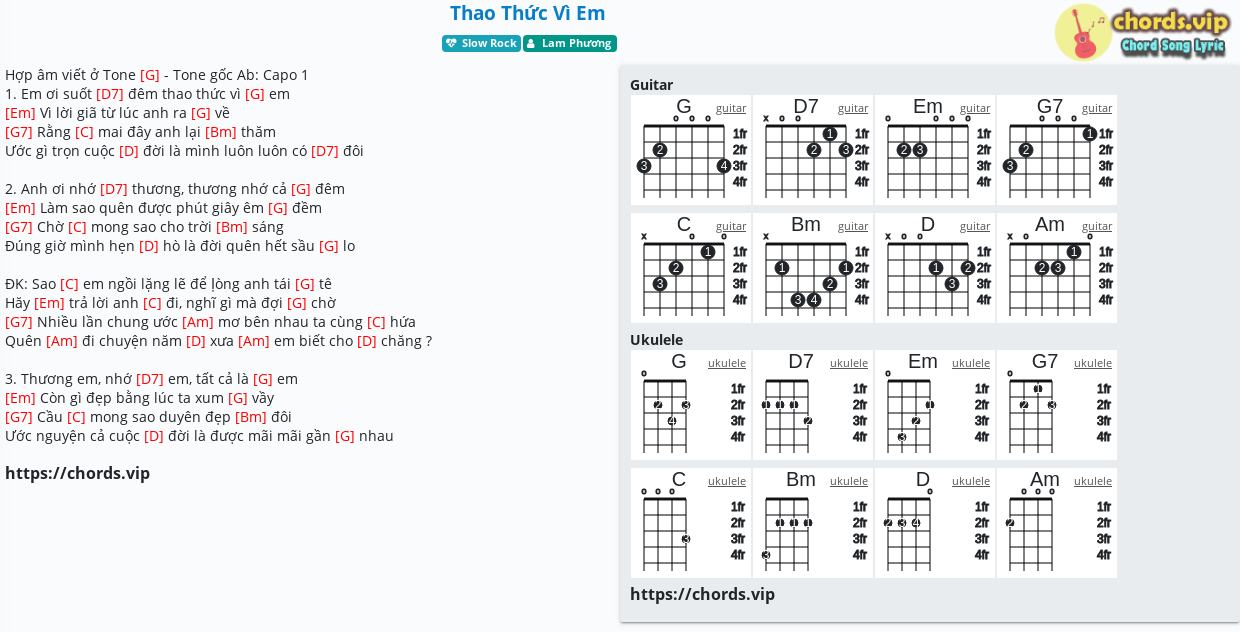 Hợp âm: Thao Thức Vì Em - Lam Phương - cảm âm, tab guitar, ukulele - lời bài hát | chords.vip