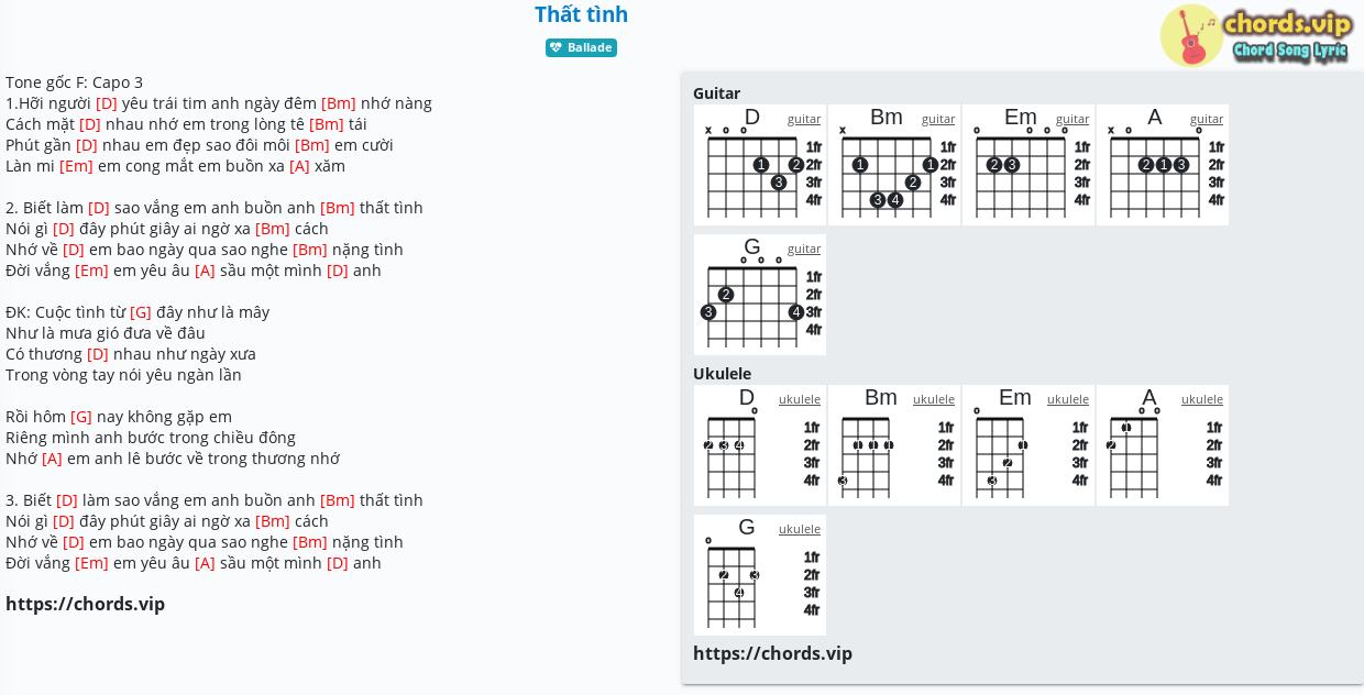 Hợp âm: Thất tình - Nhạc Ngoại Lời Việt - cảm âm, tab guitar, ukulele - lời bài hát | chords.vip