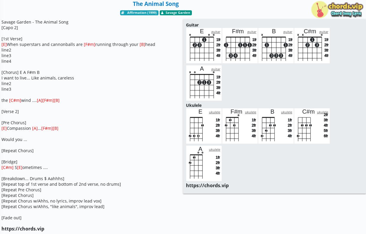 Chord: The Animal Song - Savage Garden - tab, song lyric, sheet, guitar
