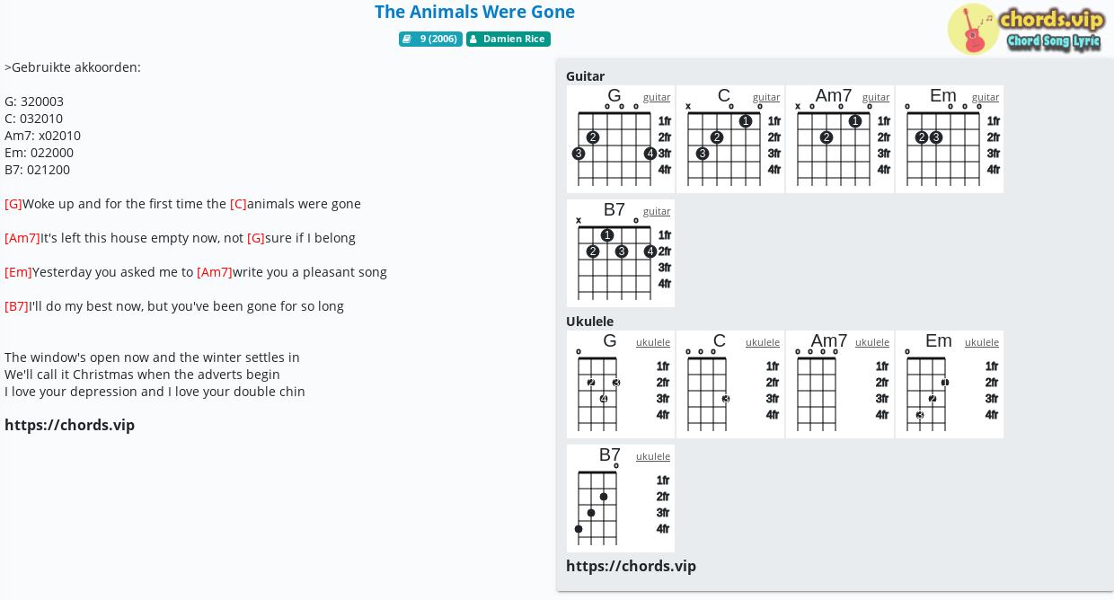 Chord: The Animals Were Gone - Damien Rice - tab, song lyric, sheet, guitar, ukulele Chord: The Animals Were Gone - Damien Rice - tab, song lyric, sheet, guitar, ukulele