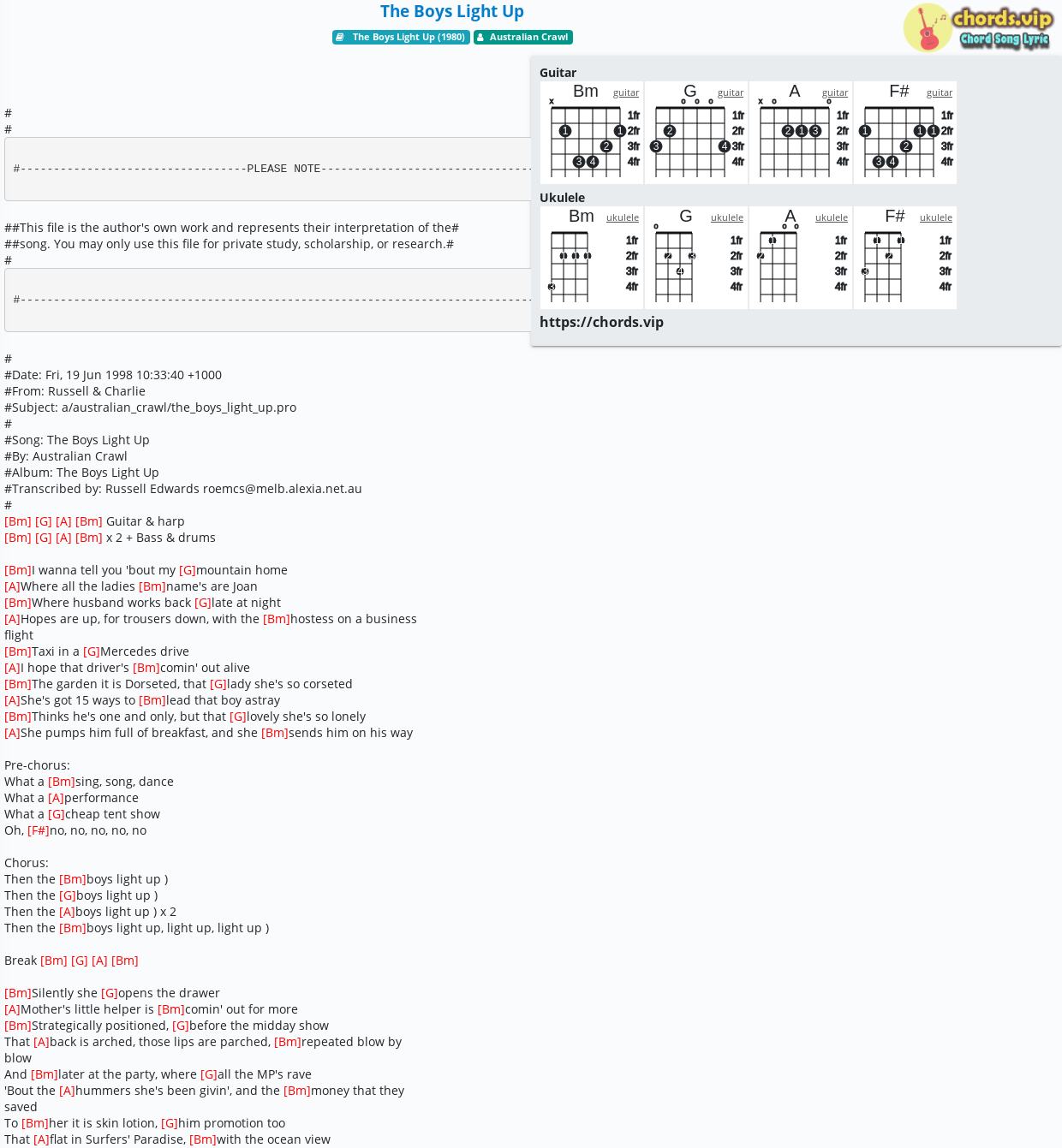 Chord: The Boys Light Up - Australian - tab, song lyric, sheet, guitar, ukulele | chords.vip