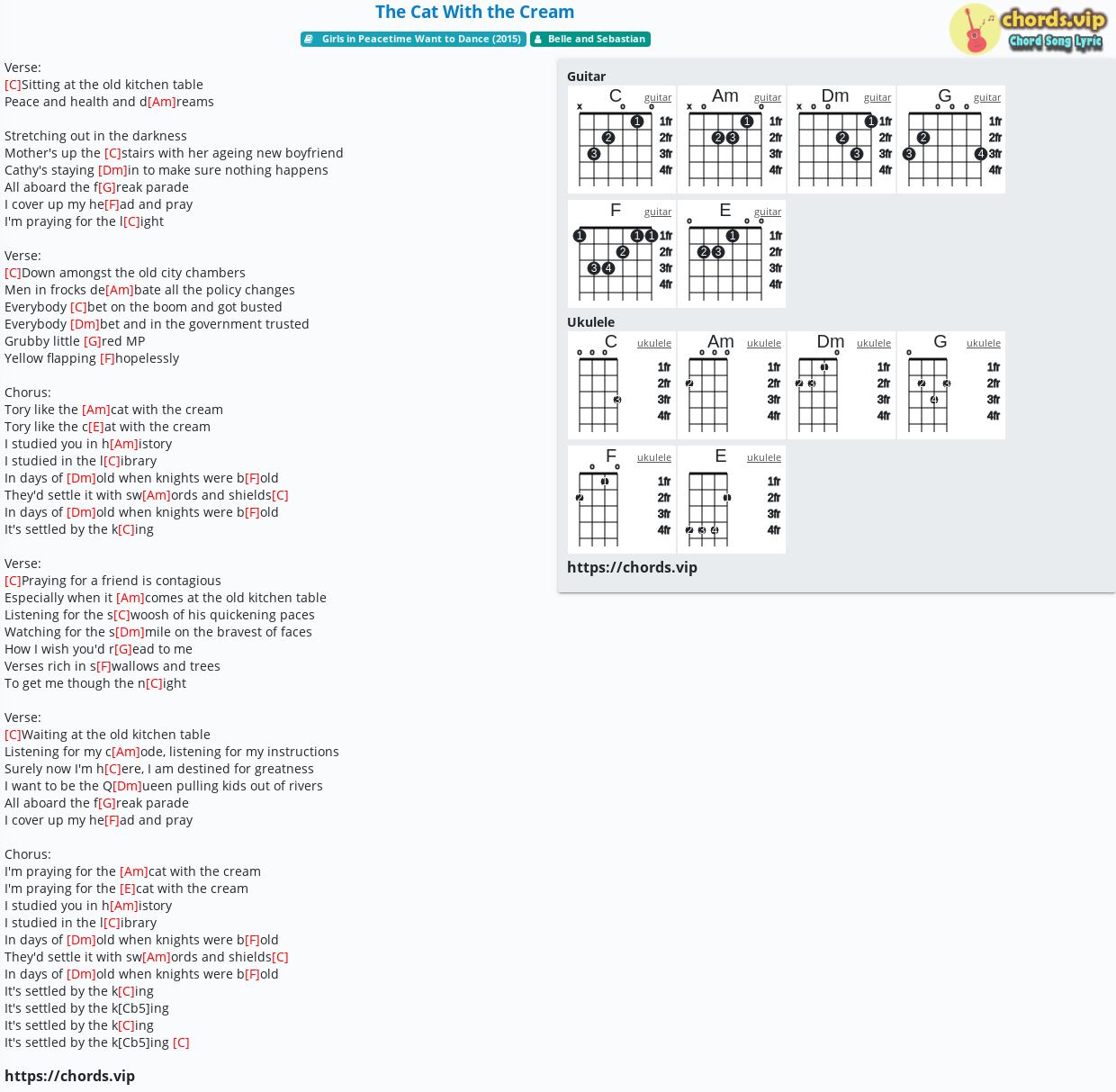 Chord The Cat With The Cream Belle And Sebastian Tab Song Lyric Sheet Guitar Ukulele Chords Vip