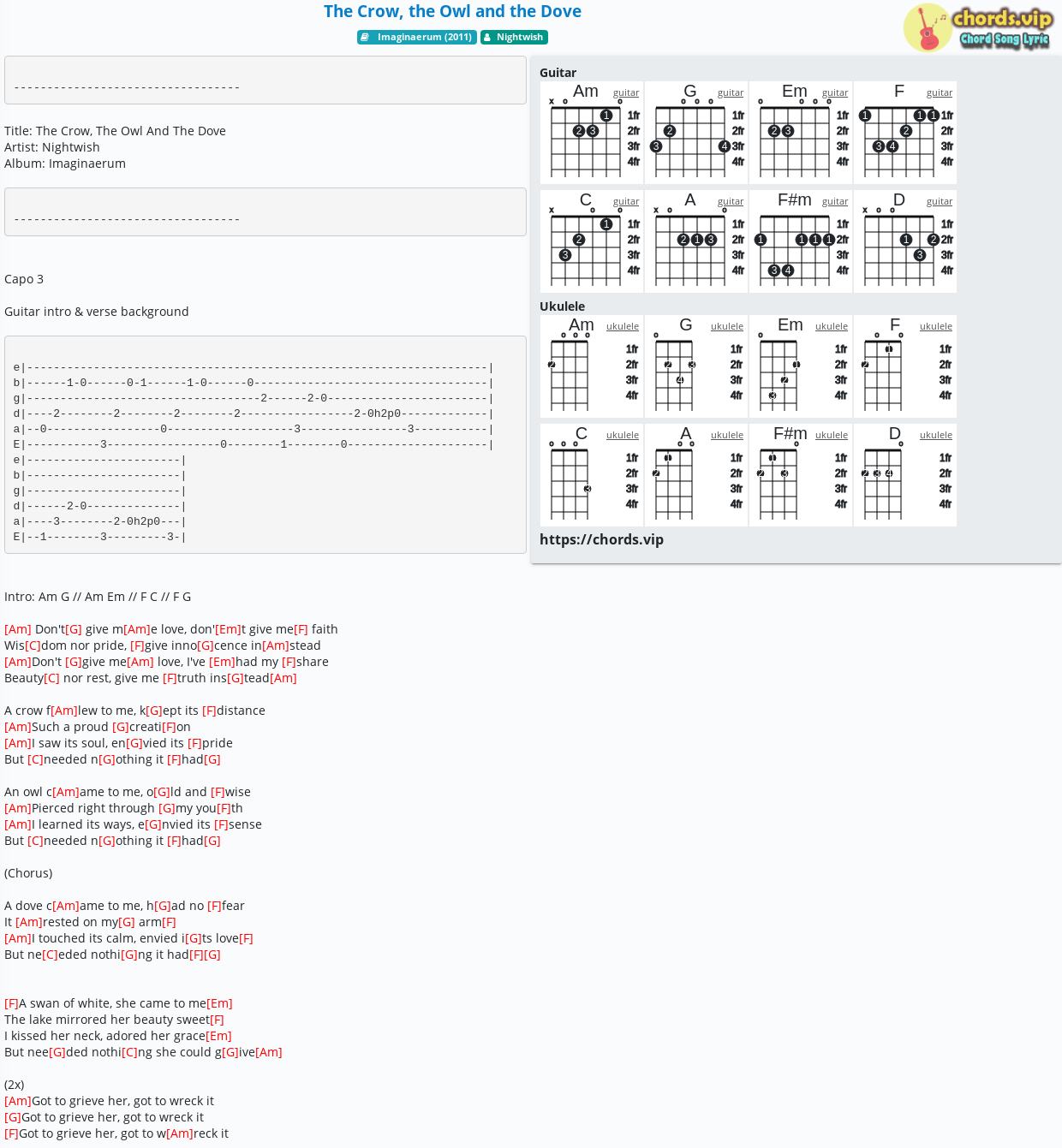 Chord The Crow The Owl And The Dove Nightwish Tab Song Lyric Sheet Guitar Ukulele Chords Vip