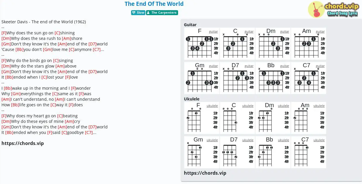 Chord The End Of The World The Carpenters Tab Song Lyric Sheet Guitar Ukulele Chords Vip