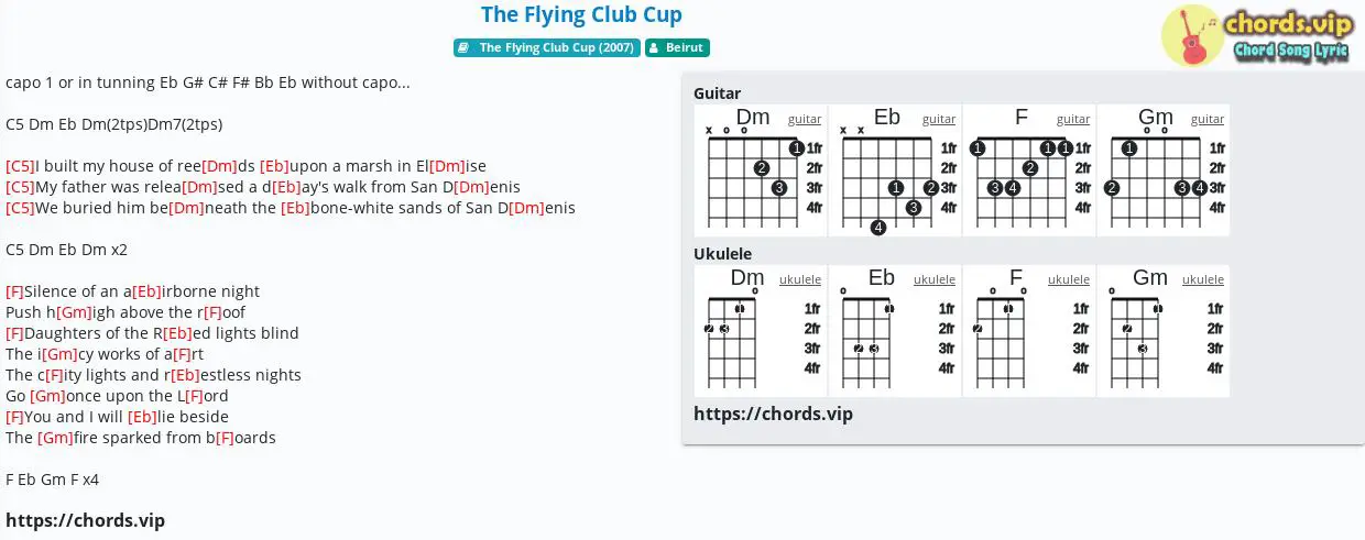 Hợp âm: The Flying Club Cup - Beirut - cảm âm, tab guitar, ukulele - lời  bài hát 