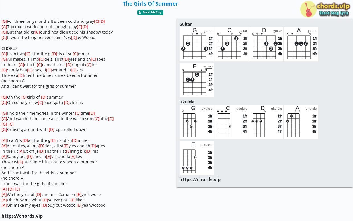 Chord The Girls Of Summer Neal Mccoy Tab Song Lyric Sheet Guitar Ukulele Chords Vip