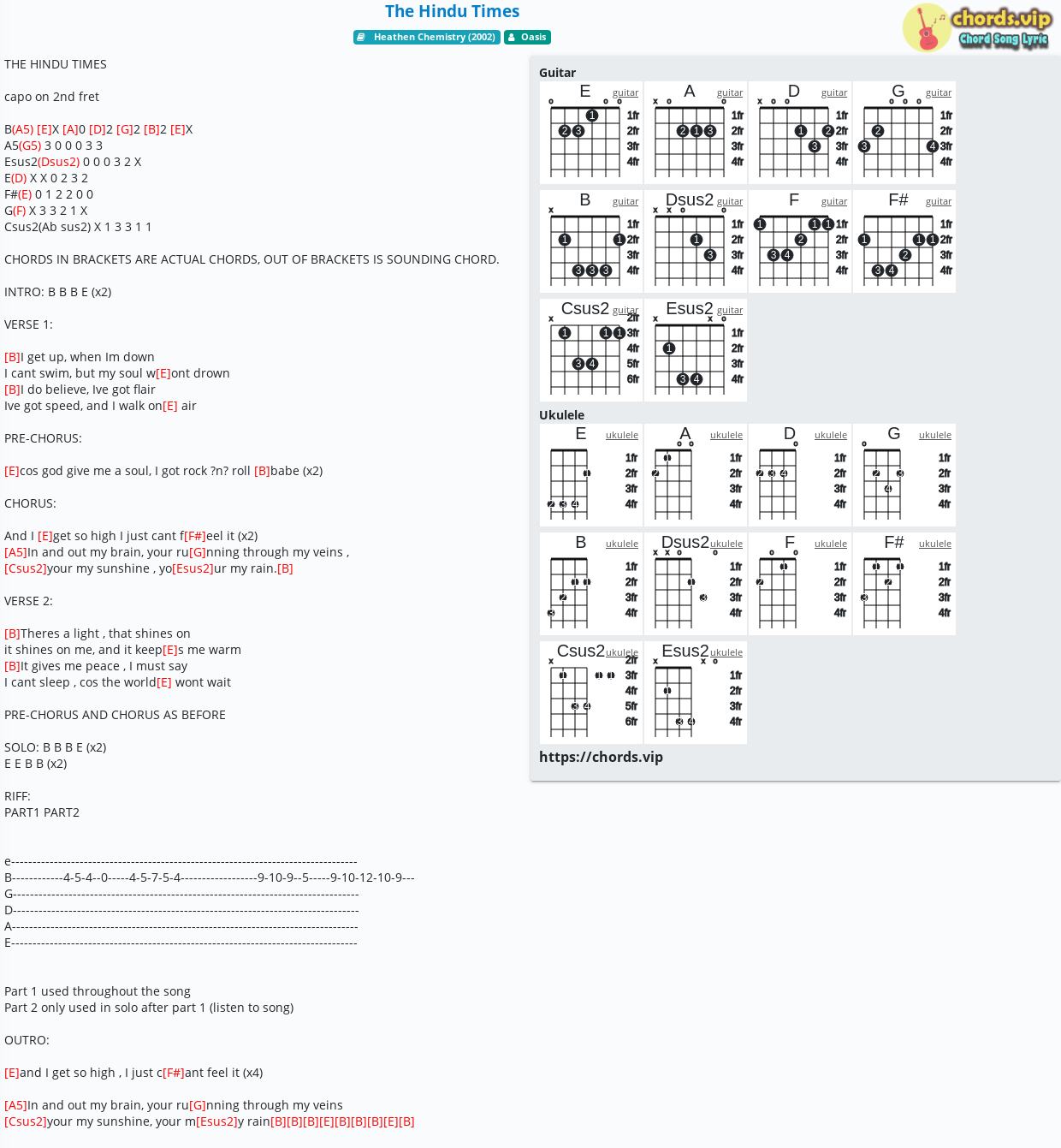 Chord The Hindu Times Oasis tab, song lyric, sheet, guitar