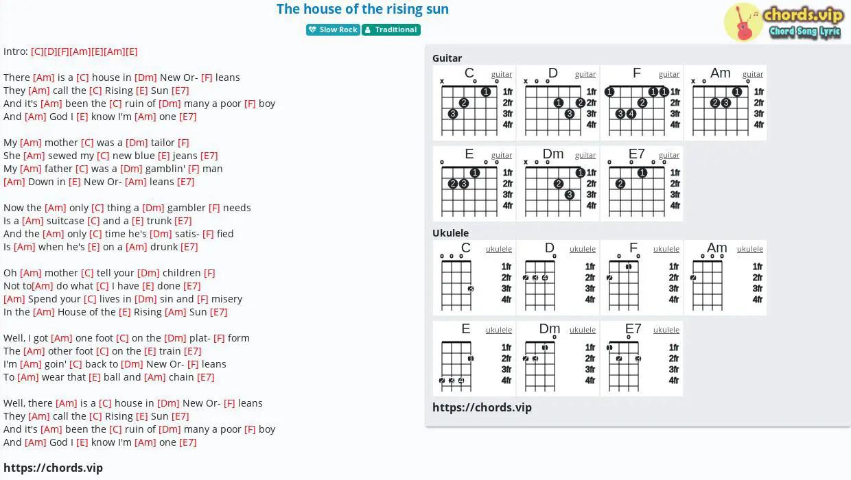 Chord: The house of the rising sun Traditional tab song lyric. 