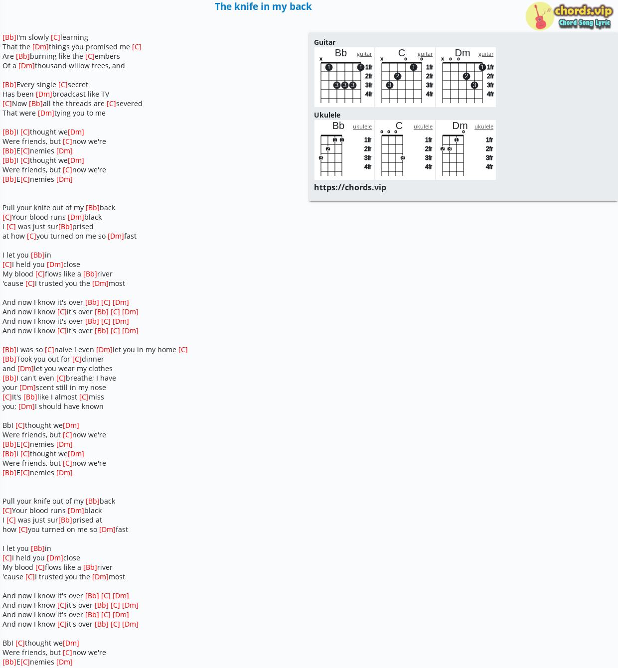 Chord The Knife In My Back Tab Song Lyric Sheet Guitar Ukulele Chords Vip