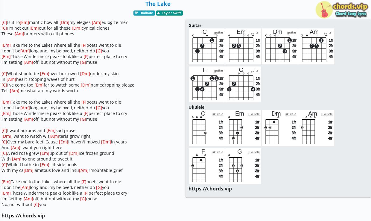 Chord The Lake Taylor Swift tab, song lyric, sheet, guitar