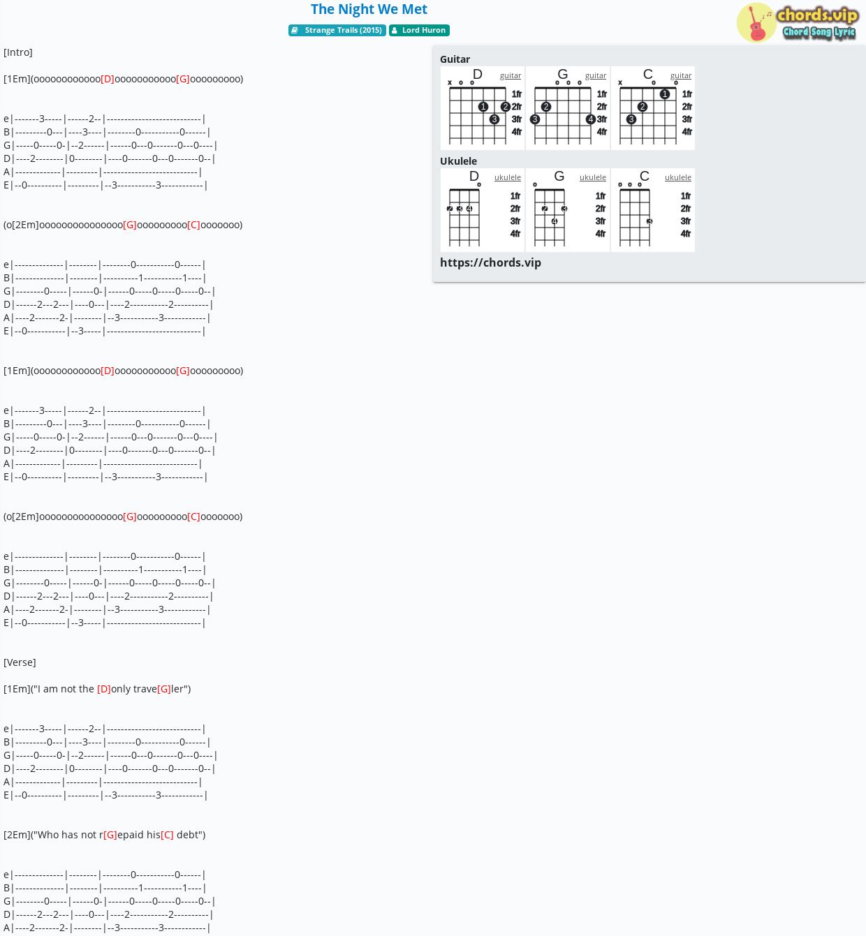 Chord The Night We Met tab, song lyric, sheet, guitar, ukulele chords.vip
