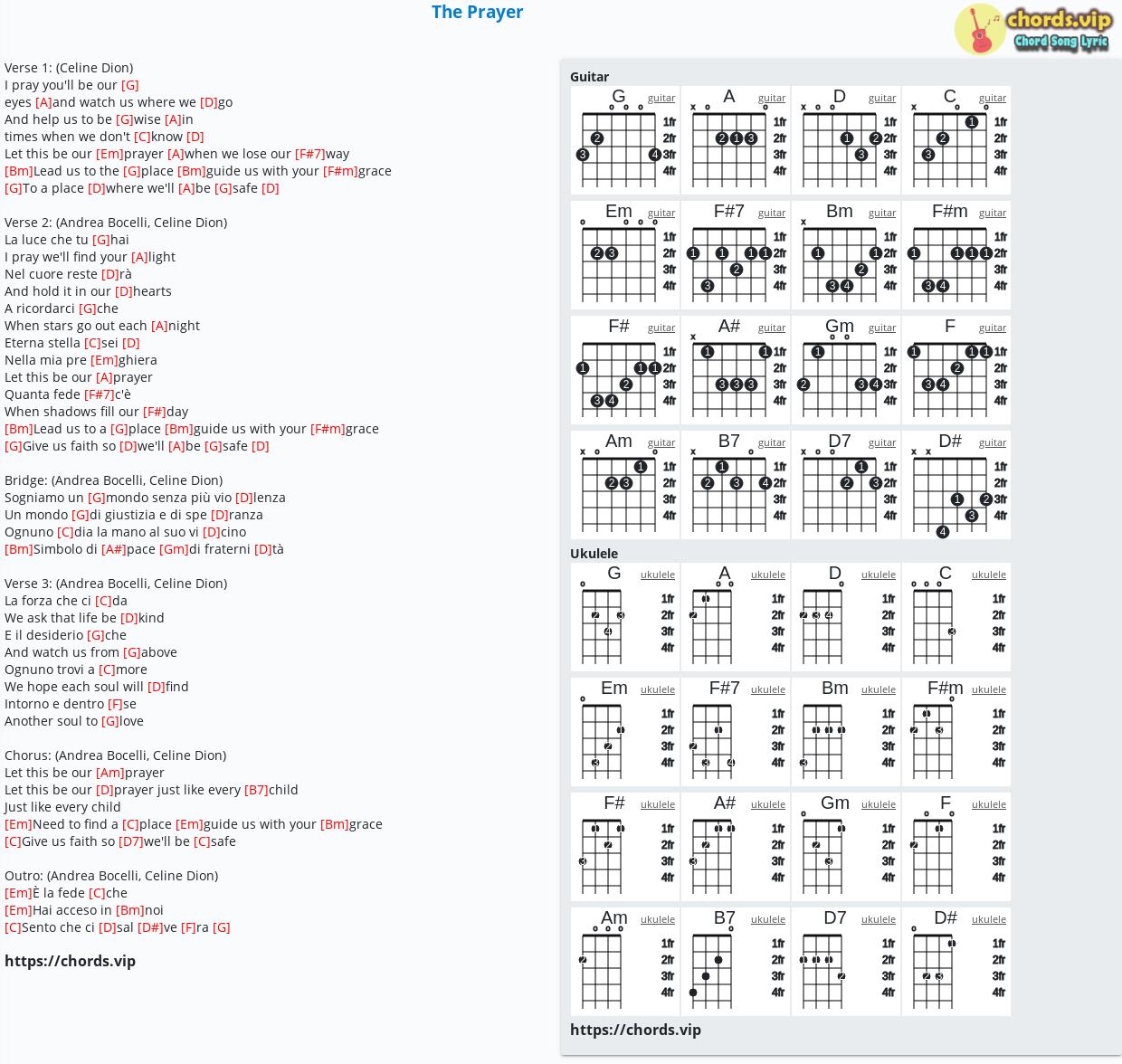 Chord The Prayer Tony Renis Alberto Testa Carole Bayer Sager David Foster Tab Song Lyric Sheet Guitar Ukulele Chords Vip