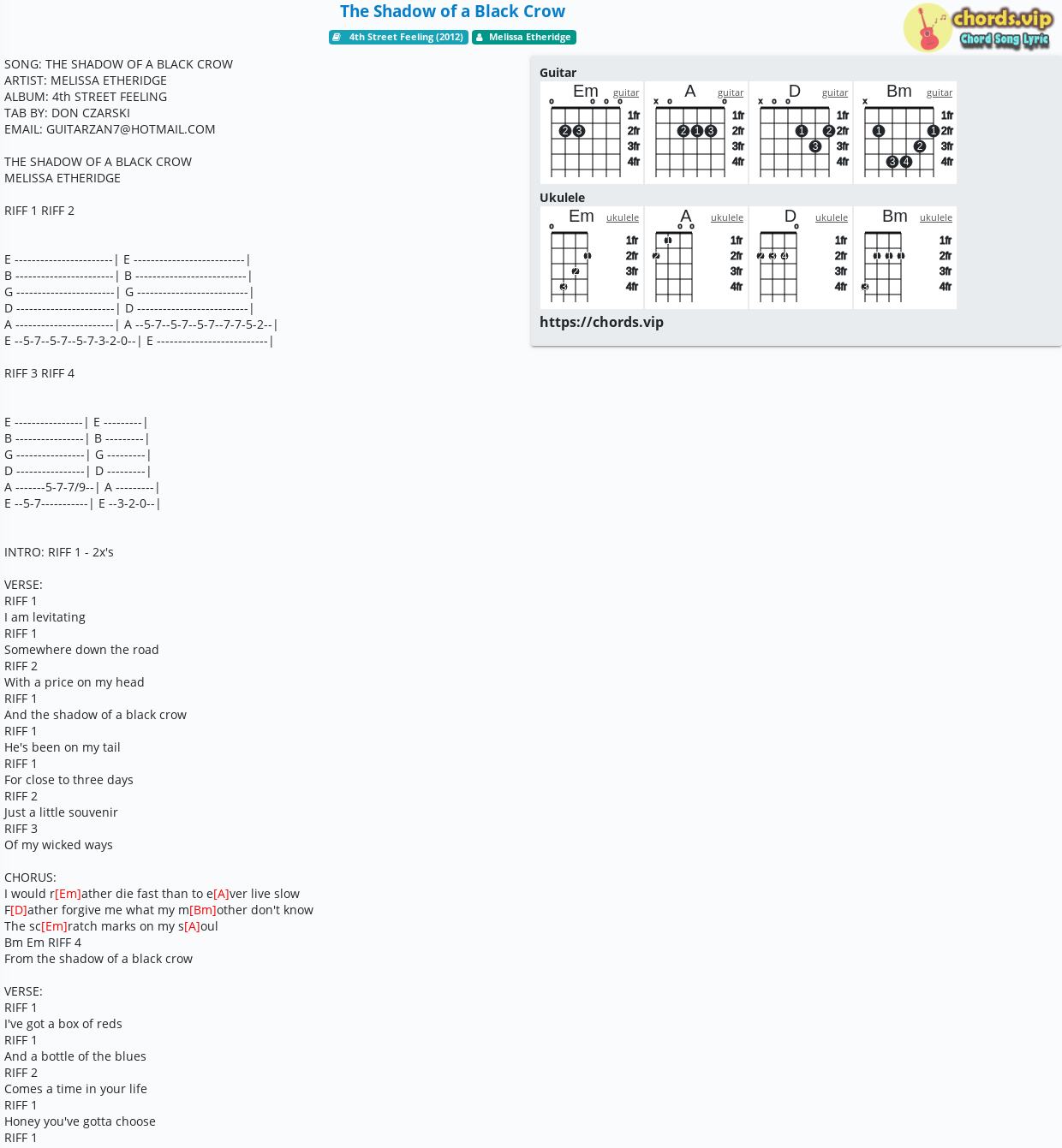 Chord The Shadow Of A Black Crow Melissa Etheridge Tab Song Lyric Sheet Guitar Ukulele Chords Vip