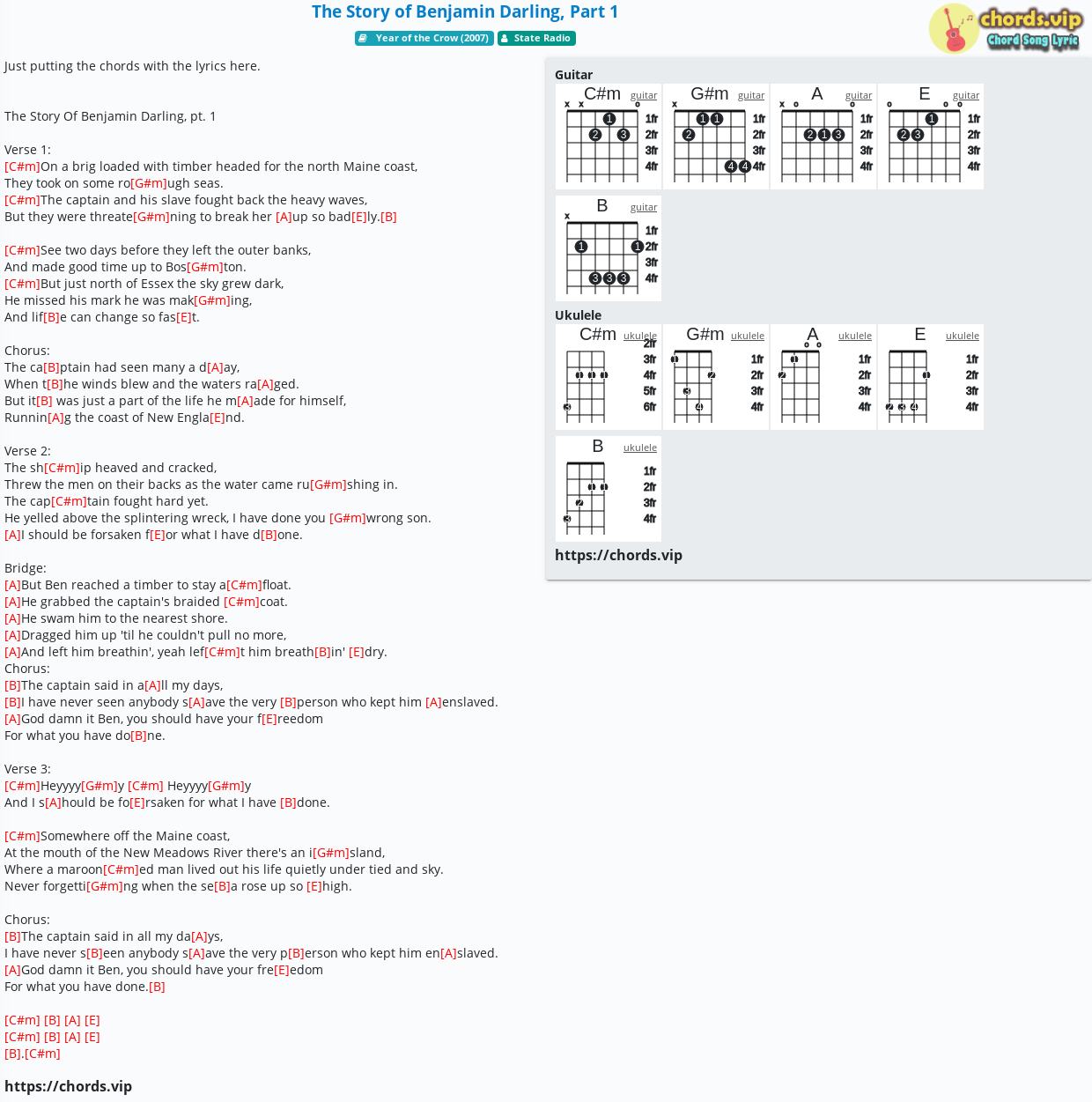 Chord The Story Of Benjamin Darling Part 1 State Radio Tab Song Lyric Sheet Guitar Ukulele Chords Vip