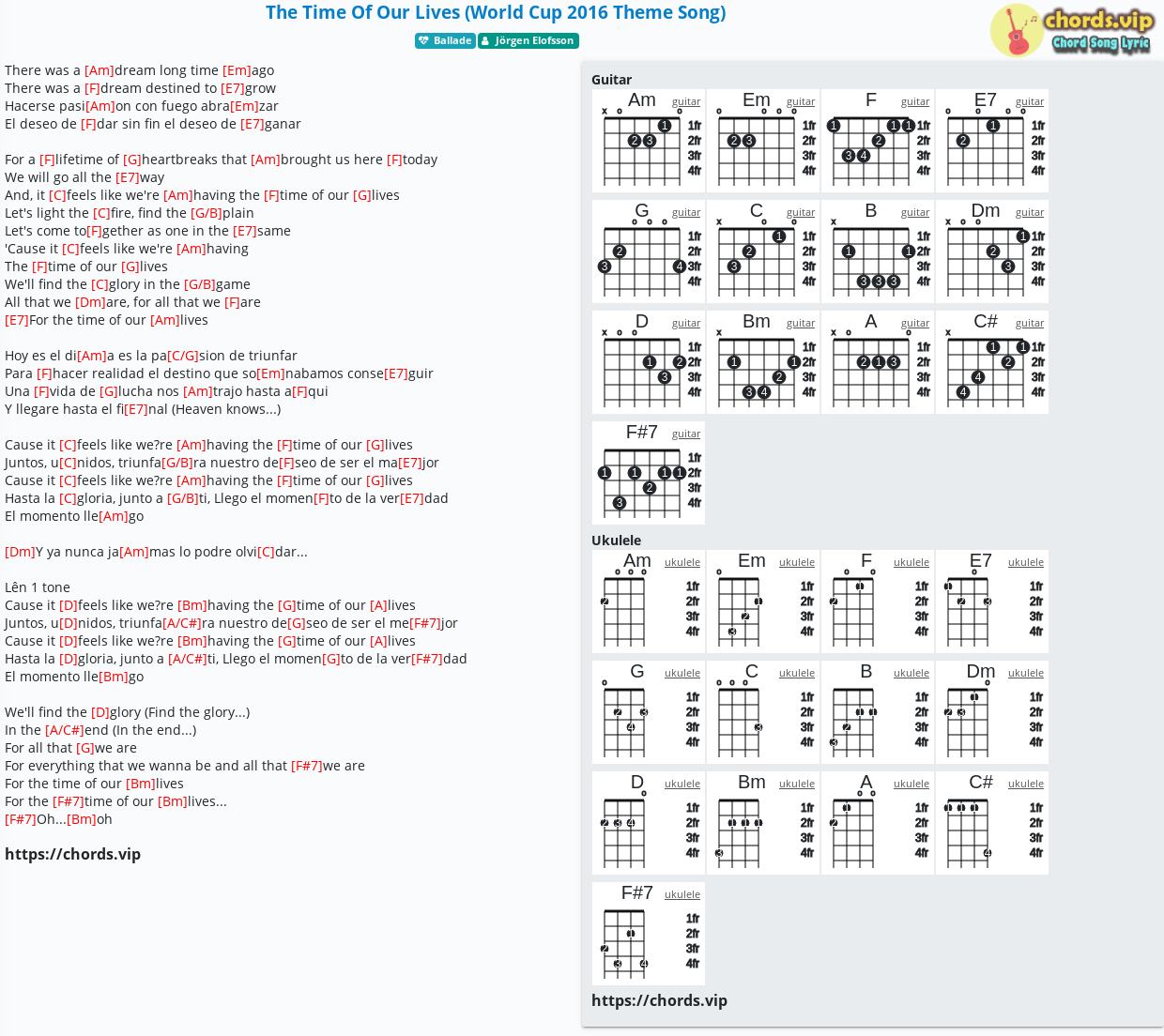 Chord The Time Of Our Lives World Cup 16 Theme Song Jorgen Elofsson Tab Song Lyric Sheet Guitar Ukulele Chords Vip