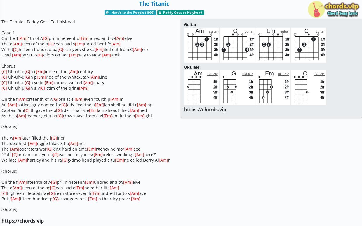 Hợp âm: The Titanic - Paddy Goes to Holyhead - cảm âm, tab guitar, ukulele  - lời bài hát 