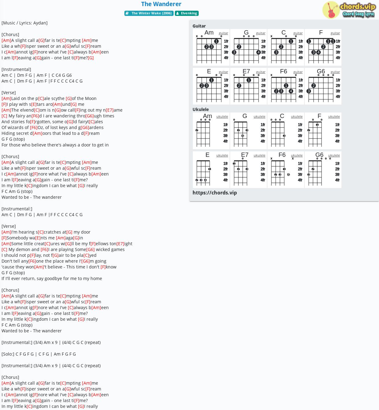 Chord The Wanderer Elvenking Tab Song Lyric Sheet Guitar Ukulele Chords Vip
