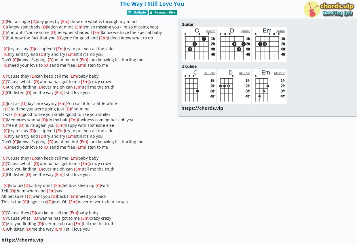 Chord The Way I Still Love You Reynard Silva Tab Song Lyric Sheet Guitar Ukulele Chords Vip