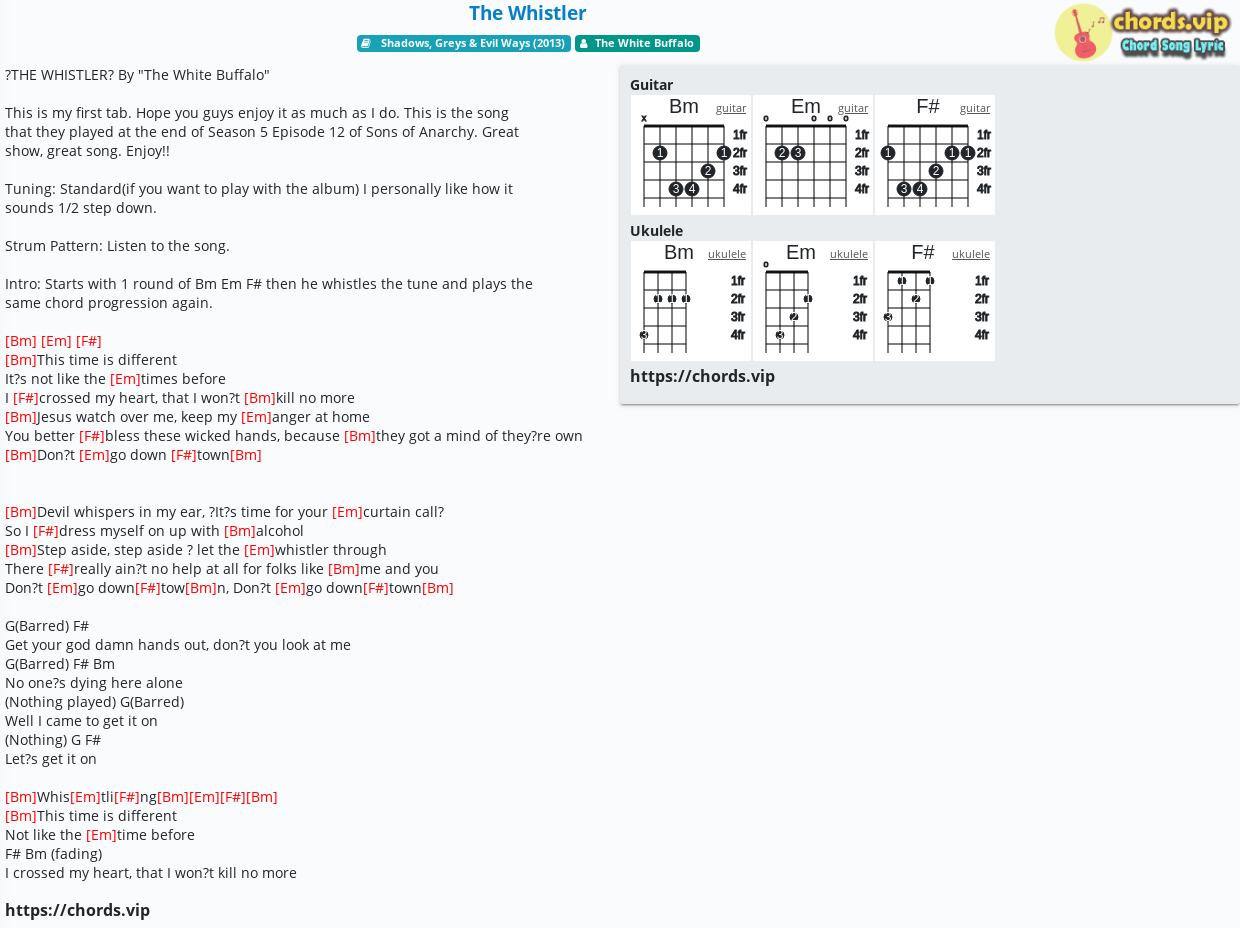 Depression Specialisere nøgle Chord: The Whistler - The White Buffalo - tab, song lyric, sheet, guitar,  ukulele | chords.vip