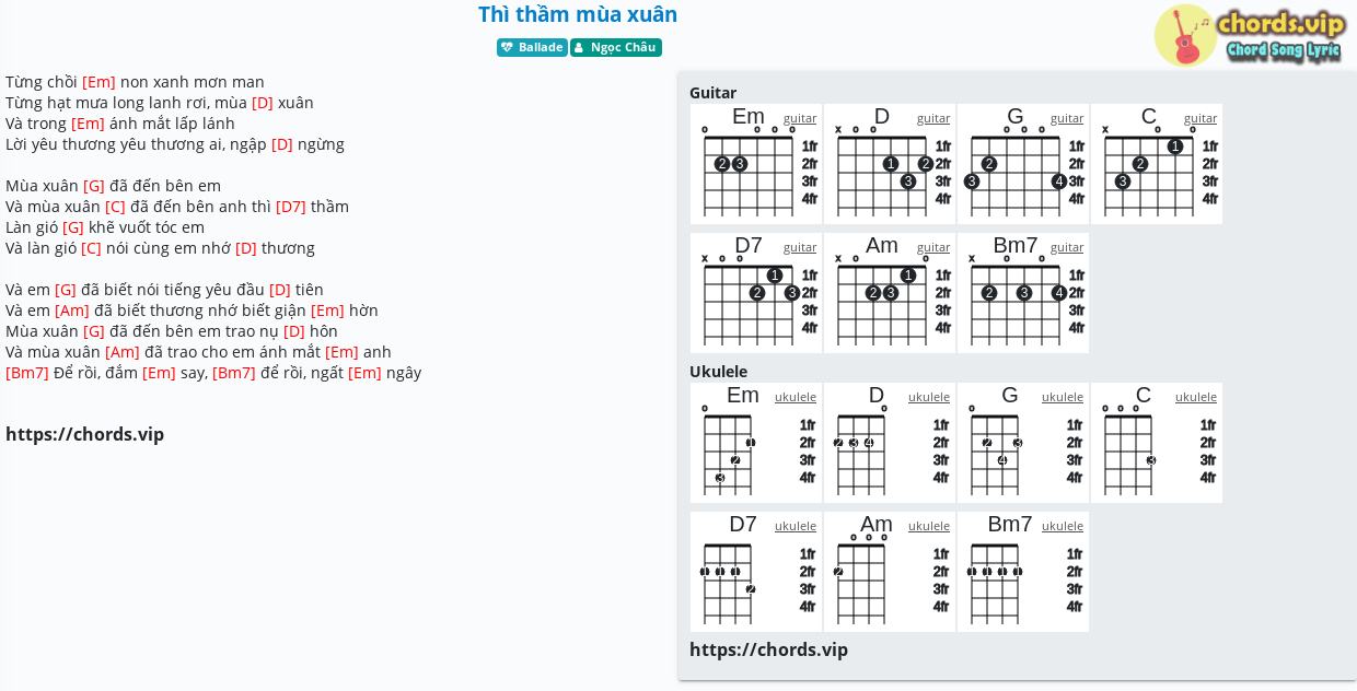 Hợp âm: Thì thầm mùa xuân - Ngọc Châu - cảm âm, tab guitar, ukulele - lời bài hát | chords.vip