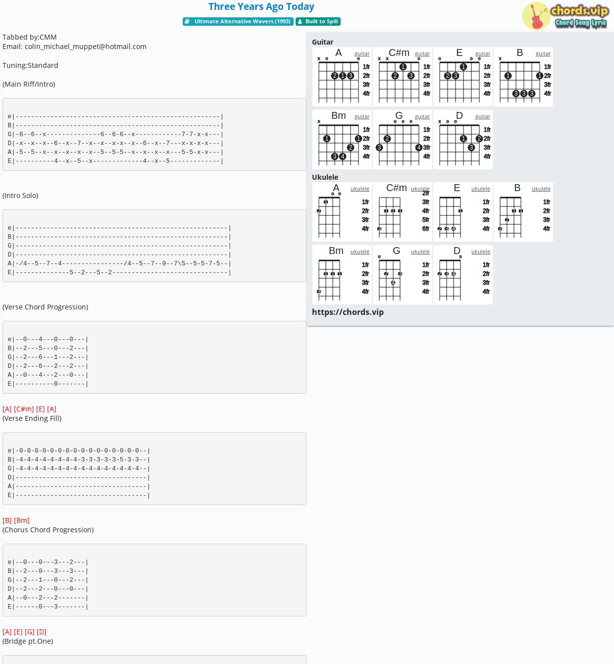 Chord three years ago today tab song lyric sheet guitar ukulele