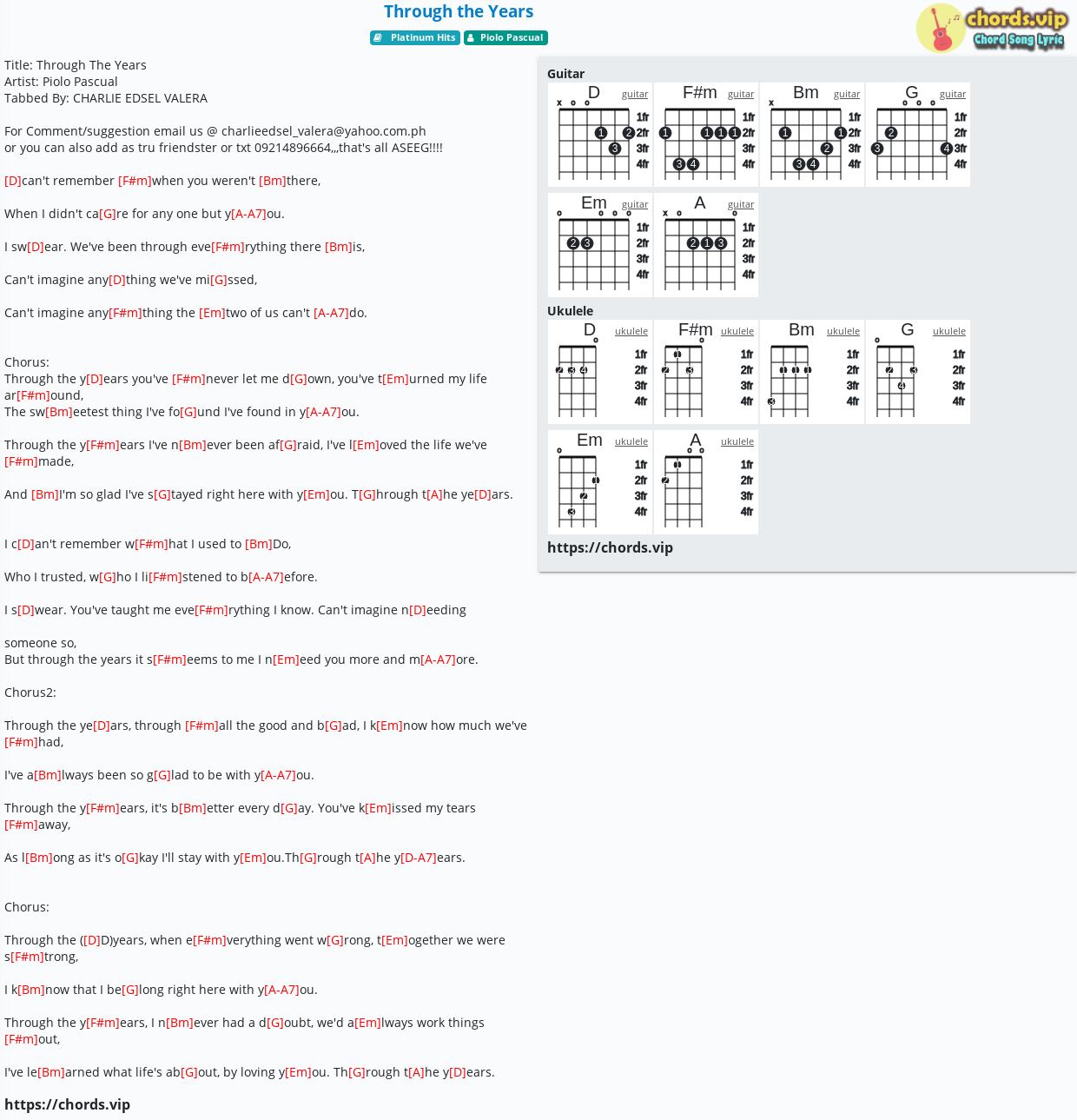 Chord Through The Years Piolo Pascual Tab Song Lyric Sheet Guitar Ukulele Chords Vip