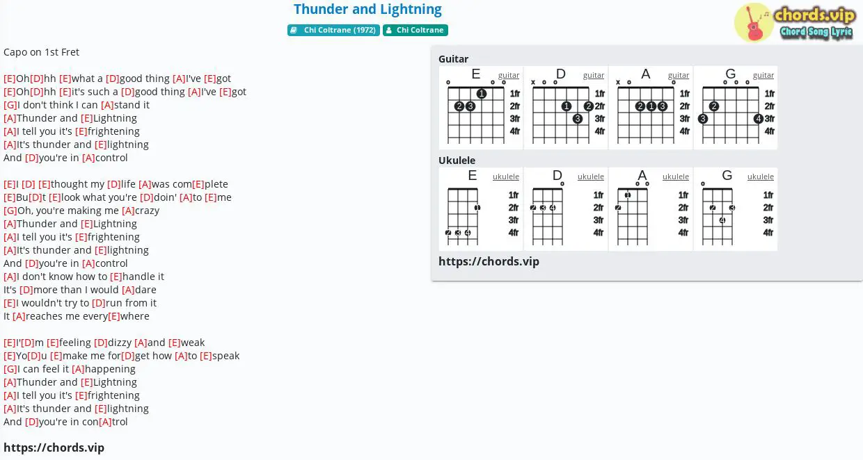 Chord: Thunder and Lightning - Chi Coltrane - tab, song lyric, sheet,  guitar, ukulele 